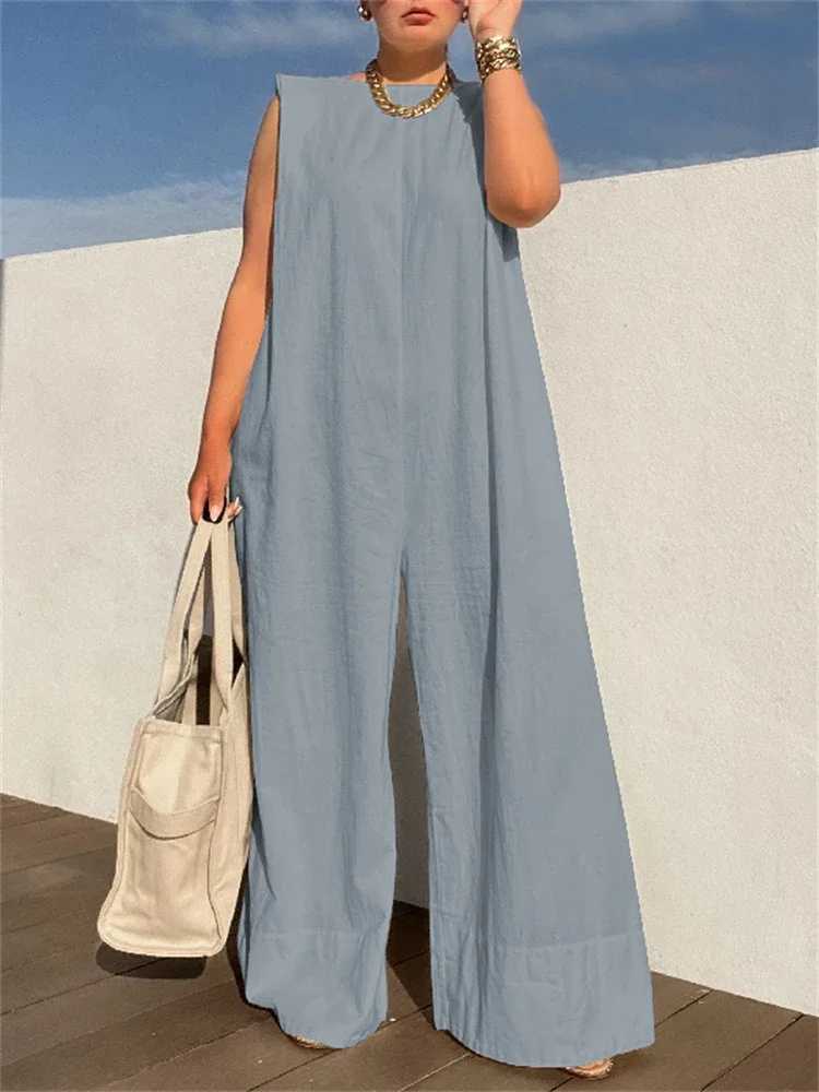 Lemongor Womens Shoulder Pad Jumpsuits 2025 New Summer Slveless Solid Color Oversize Loose Casual Fashion Wide Leg Jump Suits X250318