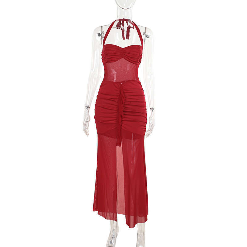Women's Swimsuit Yj24530 Autumn 2024 New Style Sexy Mesh Splicing Shrink Fold Split Dress For Women