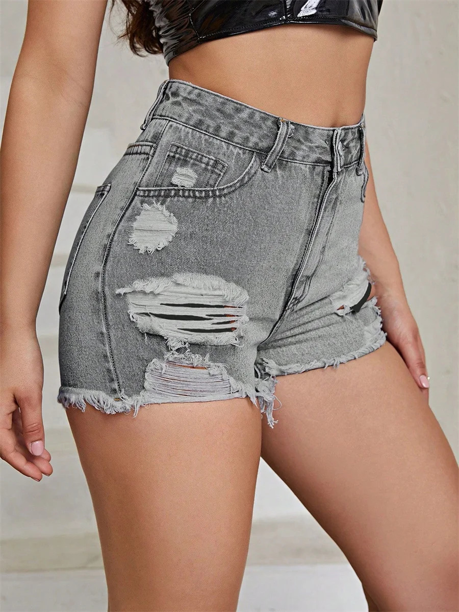 Benuynfy vintage washed torn denim shorts for womens summer high waisted casual streetwear twisted hem jeans shorts for women 250314