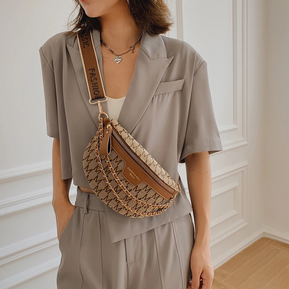 Fashion Letter Printed Fanny Packs for Women Chain Waist Pack Phone Purse Female Chest Bag Wide Shoulder Strap Crossbody Bag 250317