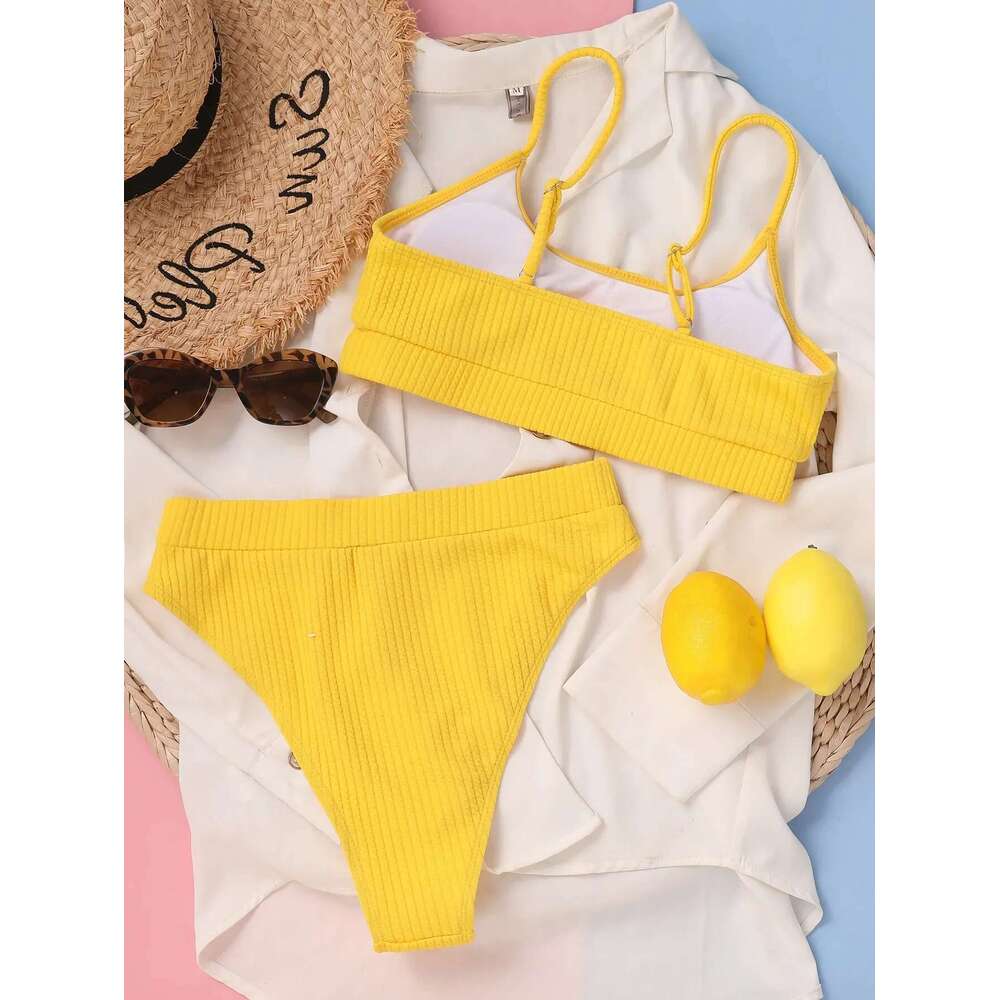 Sexy solid yellow bikini 2024 Mujer high waisted pleated women's swimsuit independent beach swimsuit high waisted swimsuit bikini new style