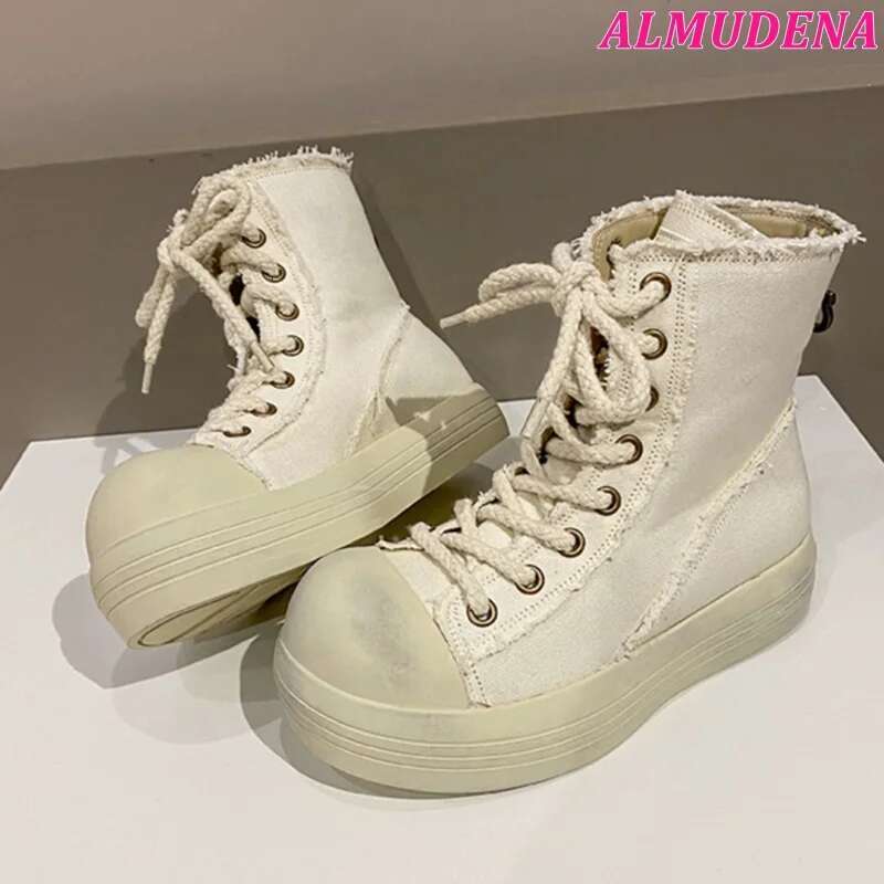 Big Round Toe White Canvas Shoes Lace Up Soft Black Ankle Boots Women's Sneakers Summer New In Designer Causal Dress Shoe