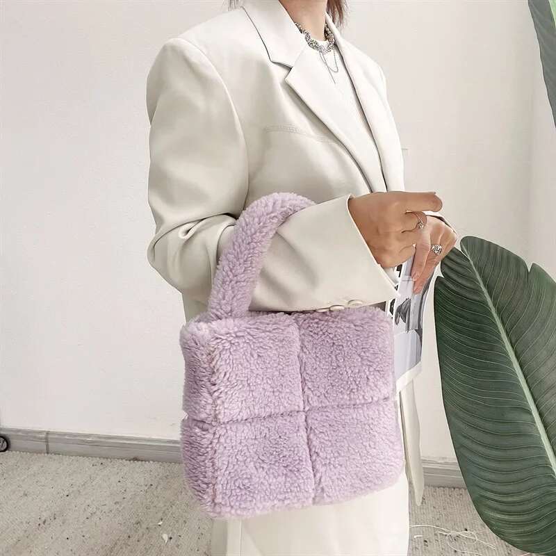 Winter New Plaid Lamb Wool Handbag Solid Color Fashion Ladies Plush Tote Bag Soft Fluffy Women's Small Faux Fur Purses Female