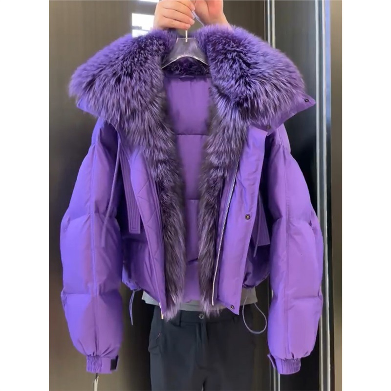 Shenzhen Nanyou high-end and super beautiful purple cotton for women's winter new style, small, thick, big fur collar short jacket