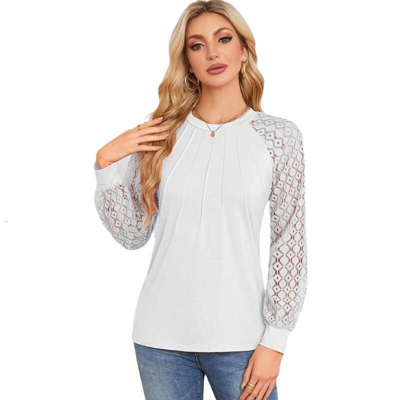 autumn winter popular European American women's lace patchwork round neck pleated long sleeved top T 2025 new style chic and elegant clothing