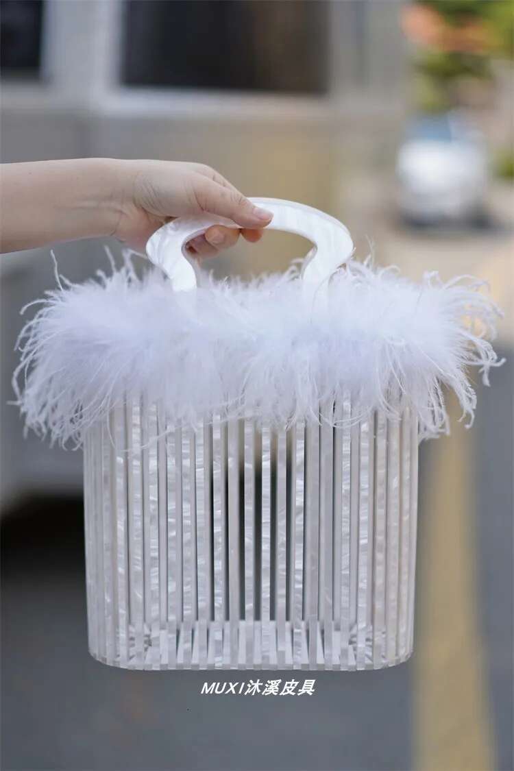 Designer Fashion Ostrich Feather Women's Handbag Hollow Out Acrylic Evening Wedding Party Clutch Purse Shoulder Bag