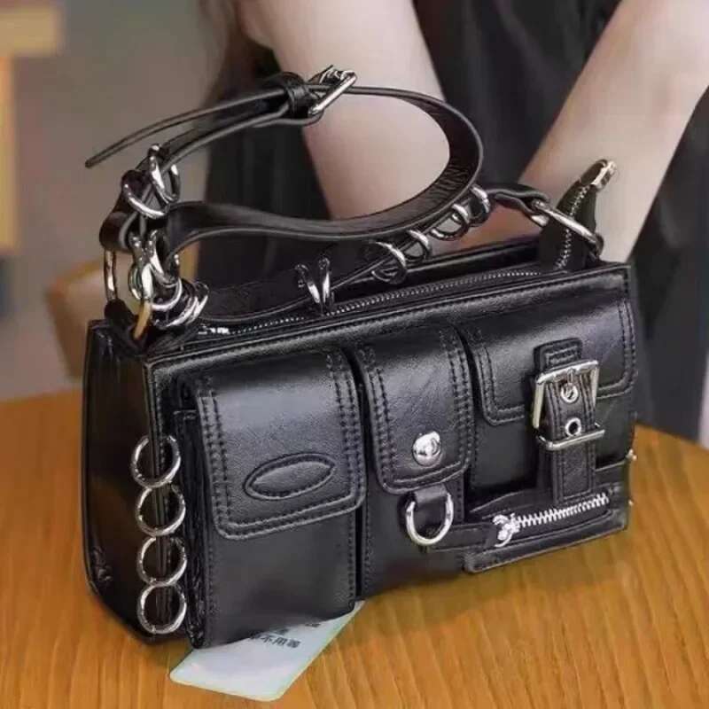Meet You Y2k Vintage Gothic Black Shoulder For Women Punk Cool Girls Multi-Pocket Pu Leather Underarm Trend Tote Bag