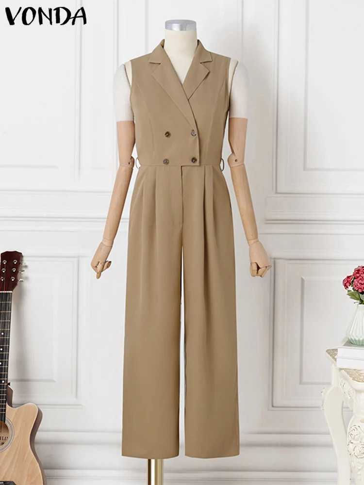 Plus Size 5XL VONDA Womens Elegant jumpsuit 2024 strapless Playsuits solid color jumpsuit casual collar wide leg bottom X250318