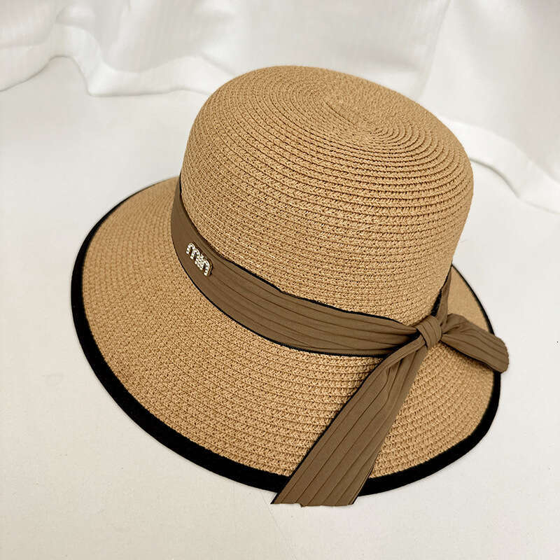 Summer metal letter label woven ribbon bow straw for women, beach vacation hat, outdoor protection sun hat