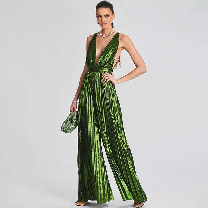 Womens solid jumpsuit Dp V-neck strapless wide leg jumpsuit summer casual Grn jumpsuit X250318