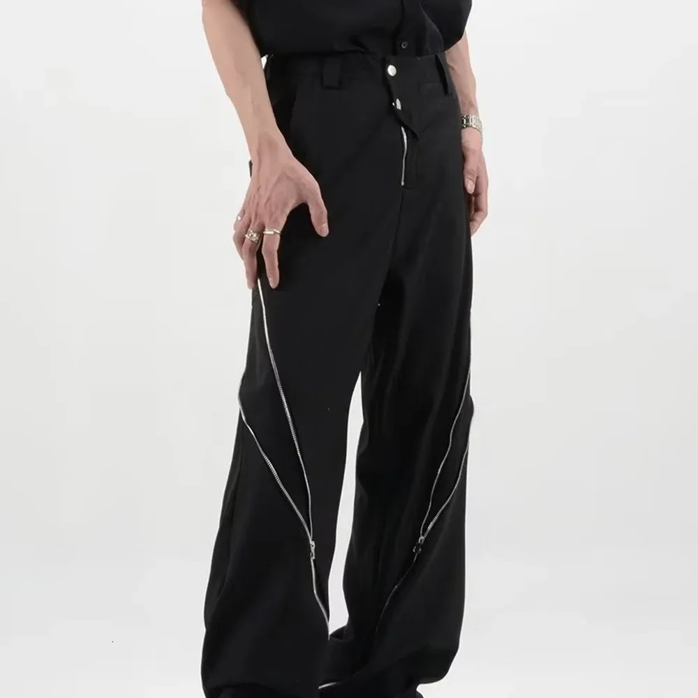 American Fashion Men Black Zipper Slit Slightly Flared Pants Vertical Feeling Straight Casual Pants Vintage Trousers Kpop 250317