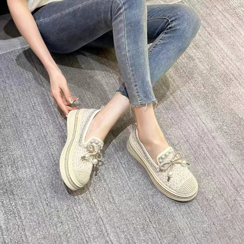 Shoes Woman 2025 Casual Female Sneakers Bow-Knot Pearl Decorateion Mixed Colors Round Toe Flats Crystal Butterfly Beading Su 250318