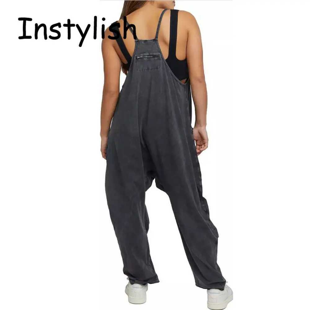 Womens casual spaghetti shoulder strap Sveless jumpsuit retro Harajuku wide leg loose pants summer solid oversized pants X250318