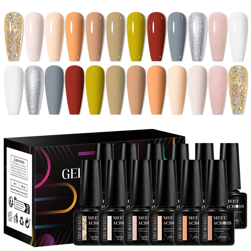 MEET ACROSS 12Pcs/Set Gel Nail Polish Set Colorful Glitter Nail Art Long-Lasting Soak Off UV Gel Kit for Manicure Nails Vernis 250314