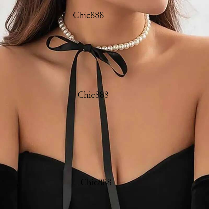 Exquisite Imitation Pearl Choker Fashionable Bow Tie Lace Up Velaet Necklace Personality Simple Jewelry For Woman