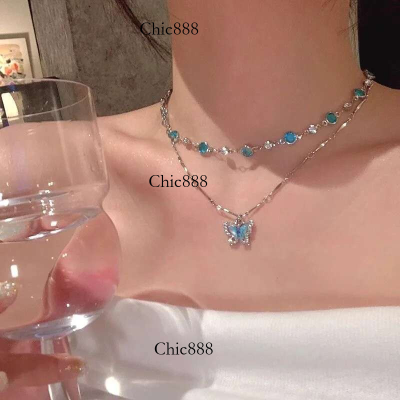 Exquisite Crystal Zircon Butterfly Necklace for Women Elegant Double Layer Clavicle Chain Choker Party Wedding Jewelry