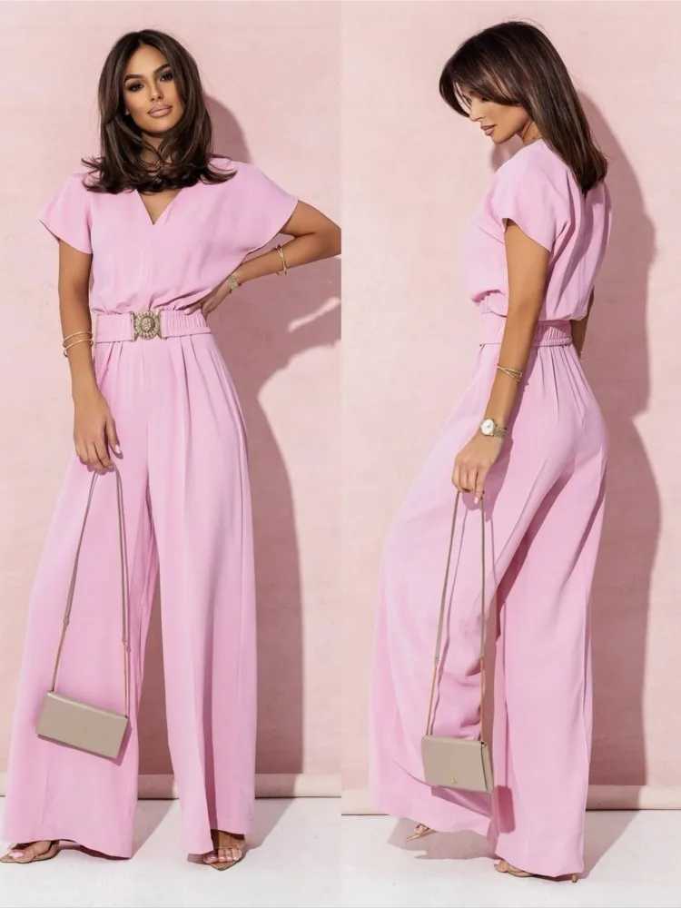 Fashion Women Solid V Neck Short Slve Jumpsuits Summer Casual High Waist Loose Jumpsuit Wide Leg Long Pants Romper With Belts X250318