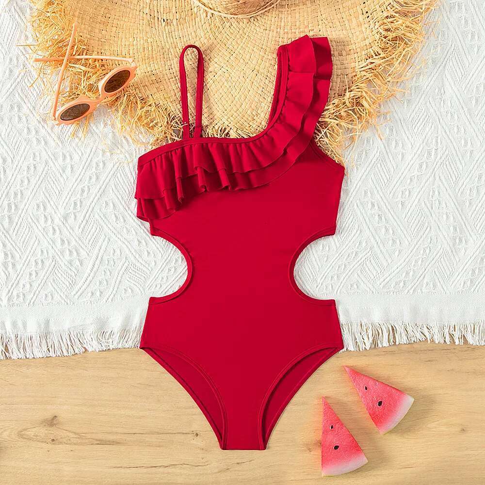 Retro red teenage swimsuit, one piece set with ruffled edges, beach wear for children aged 5 to 14