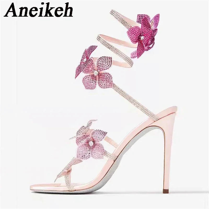 Aneikeh Sexy CRYSTAL Flower Narrow Band Ankle Strap Sandals Woman Thin High Heels Street Style Pole Dancing Ladies Shoes 250318