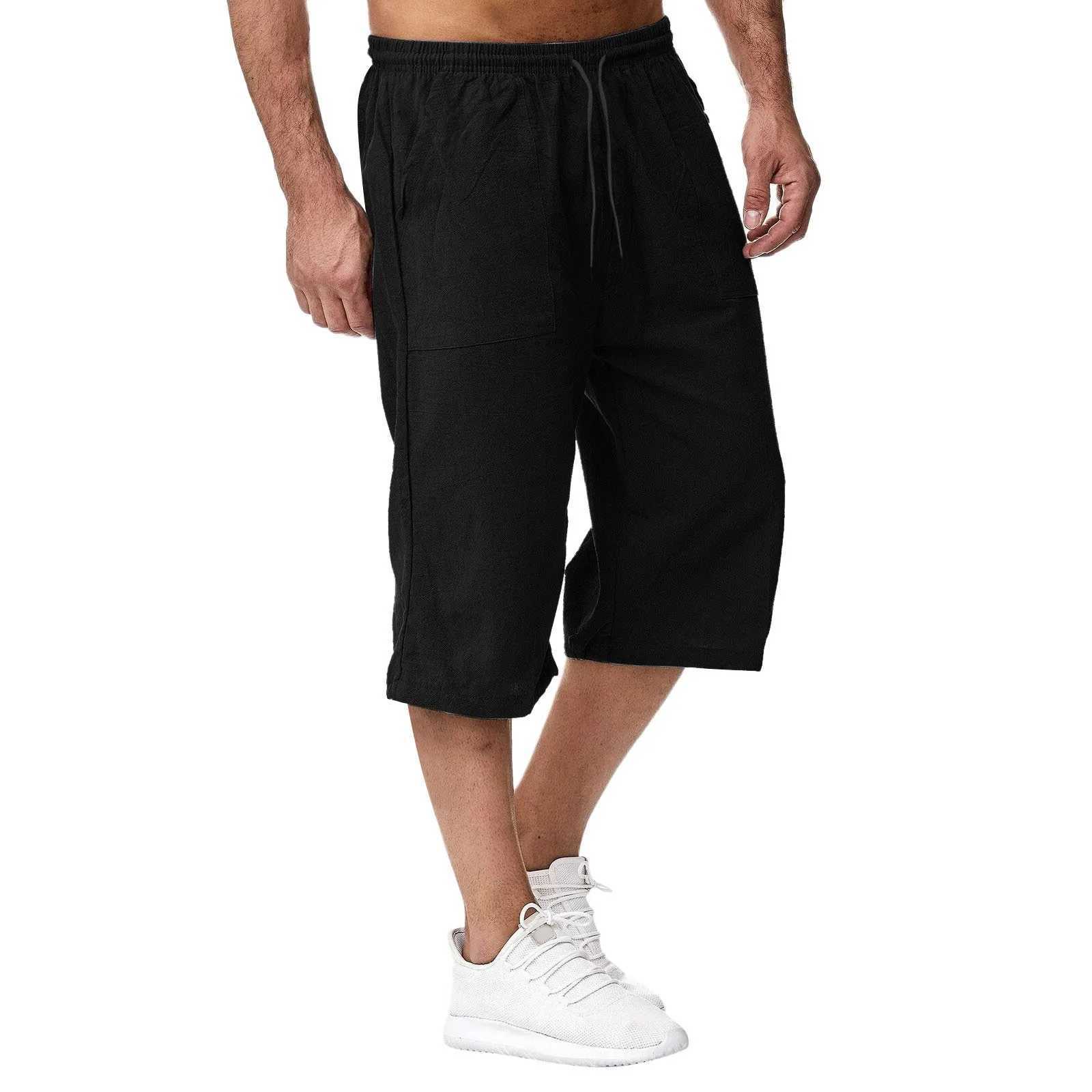 Mens casual shorts solid color sports knee length elastic waist breathable wide leg seven point mens holiday pants W250318