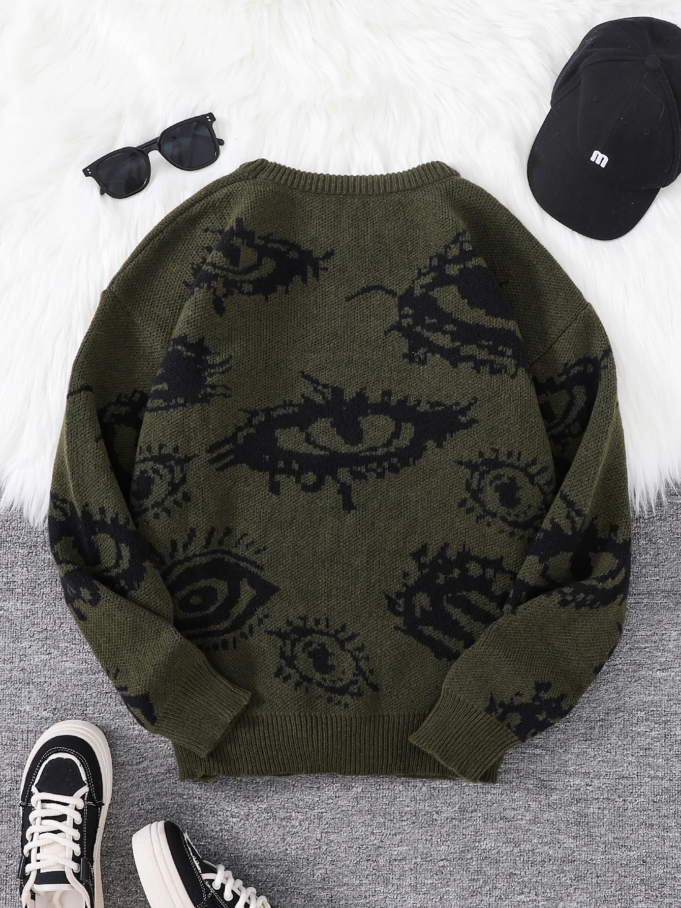 Autumn and Winter Abstract Eye Jacquard Pattern Pullover Sweater Casual Round Neck Knitted Mens Pullover 250318