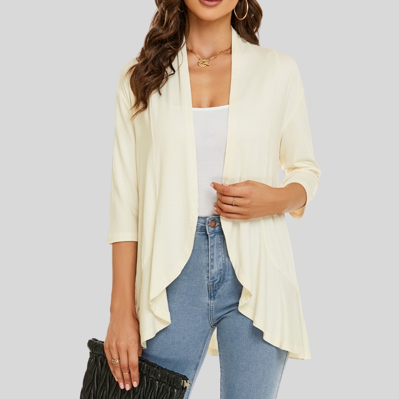 European and American women's clothing autumn new solid color cardigan jacket seven-quarter sleeve ruffle edge top