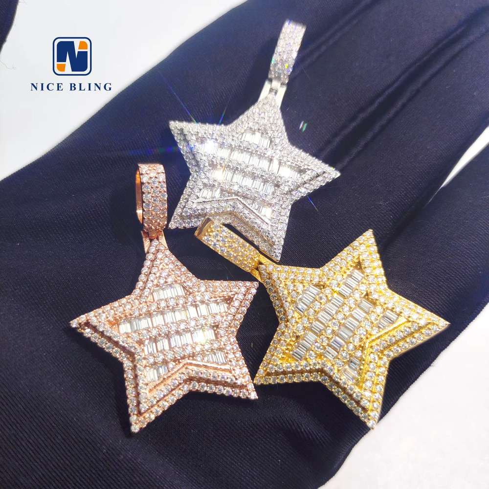 Hip Hop Pendants Gold Plated 925 Silver Moissanite Pendant Baguette Diamond Five Stars Charm Pendants for Men Women