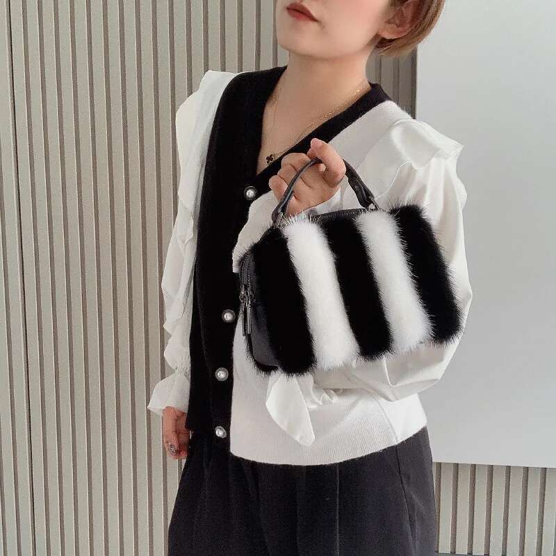 Bag Female Black White Handbag Real Mink Fur Shoulder Crossbody For Women Winter Furry Messenger Hand Bags