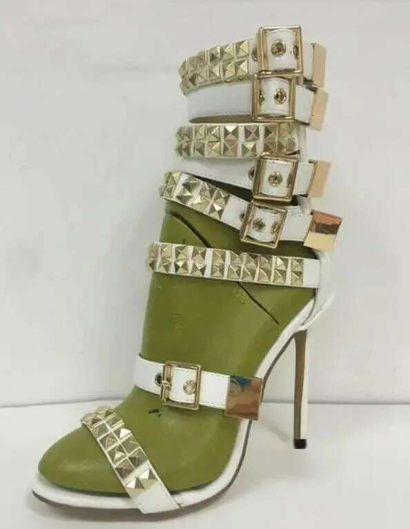 Coloful Snake Square Rivets Studs Straps Buckle Cutout Sandals Sexy Woman Peep Toe Mixed Denim Gladiator Party Sandalias Shoes