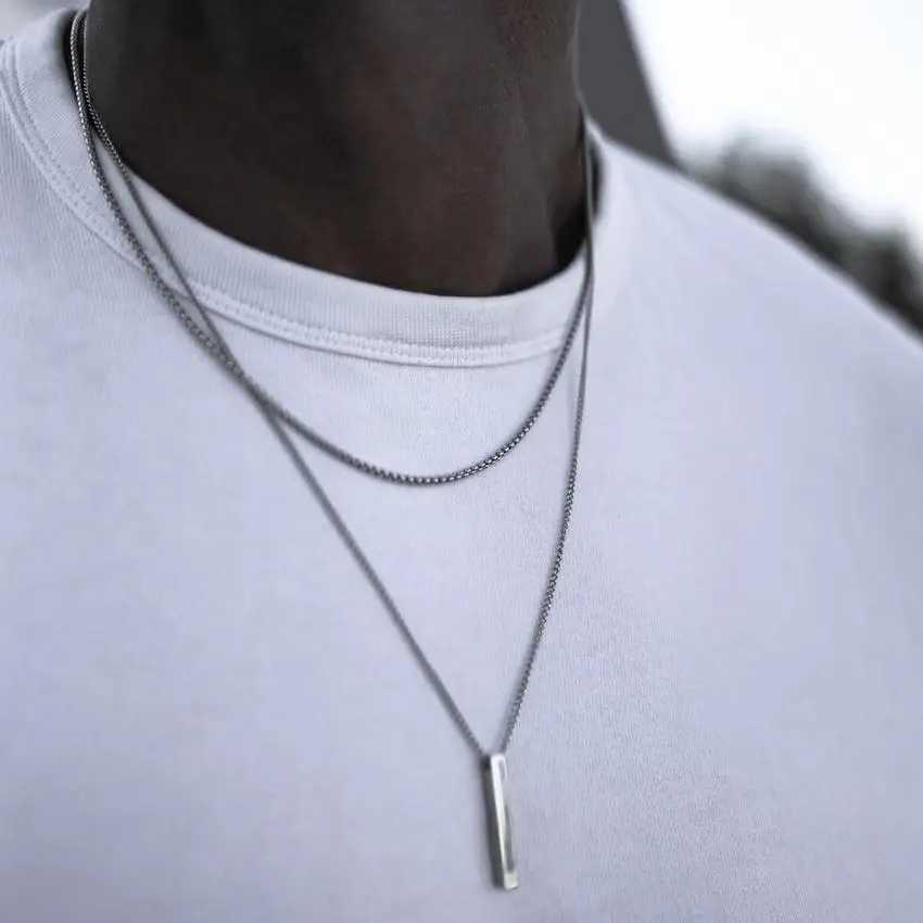 Vnox 3D Mens Vertical Bar Necklace Layered Stainless Steel Geometric Pendant Layered Wheat Rope Cuban Chain Boys Collar W250318
