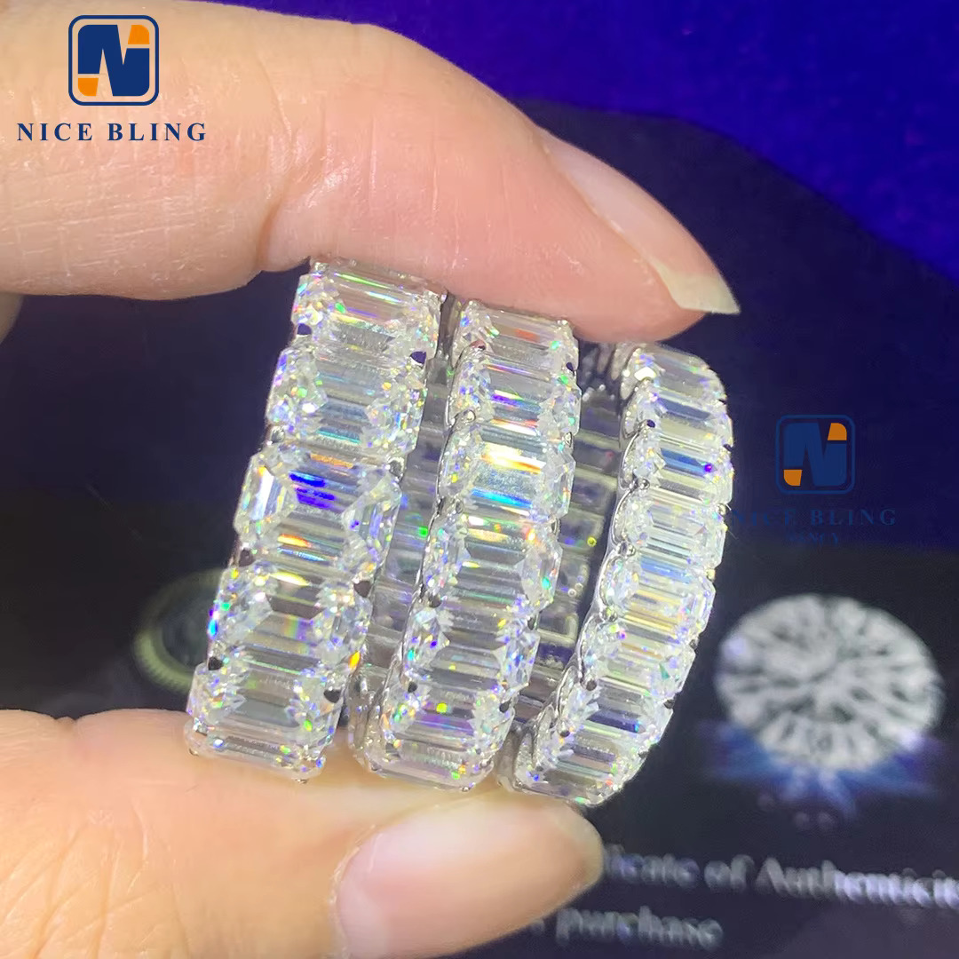 Graceful 925 Silver Gold Plated Women Jewelry Iced Out Classic Emerald Cut Jewelry Eternity Moissanite Diamond Band Ring