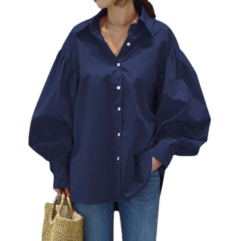 Casual shirt, casual lantern sleeve lapel 2025 solid color top, office women's shirt