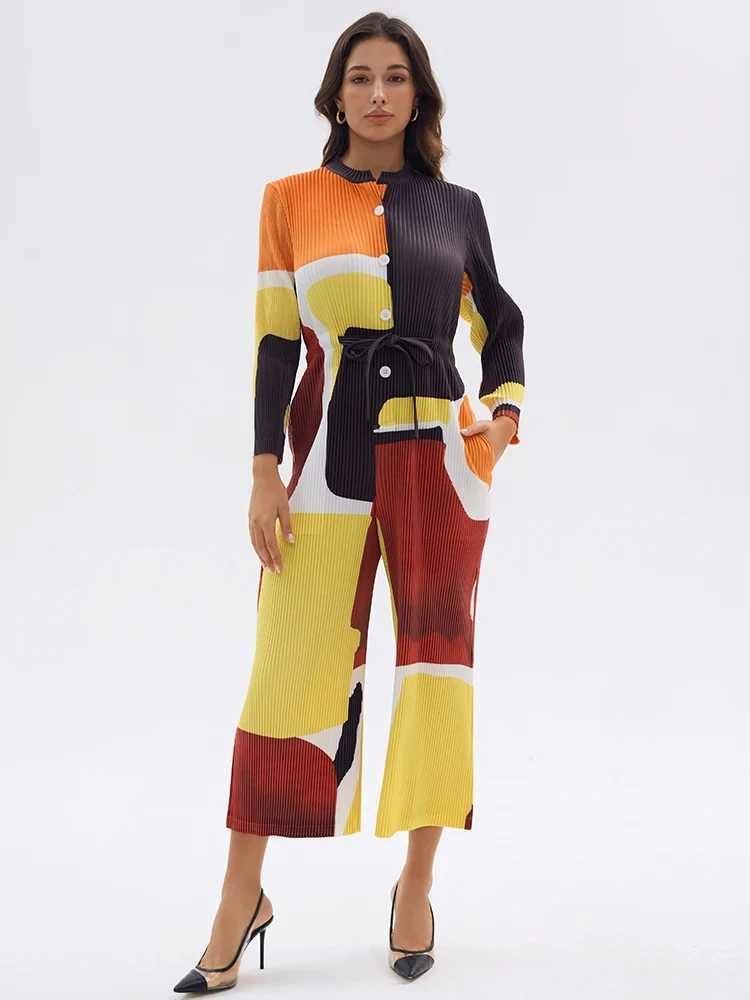 YEZOER Miyake pleated jumpsuit womens 2024 spring new print long casual loose single chest pocket womens waist belt X250318