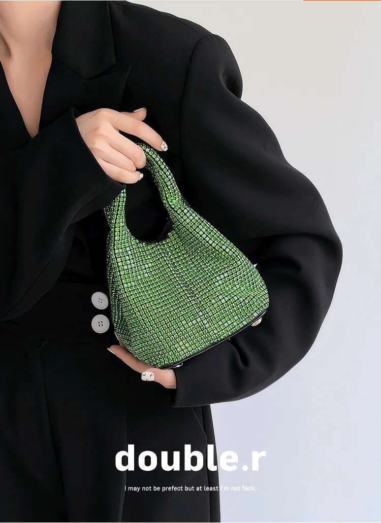 Glitter Women's Handbag Bucket Crystal Shiny Rhies Dia Evening Wedding Party Clutch Purse Shoulder Bag