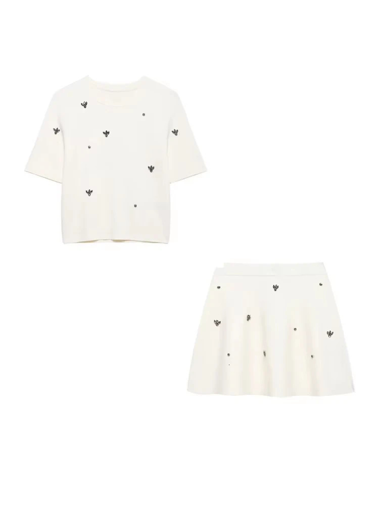 TRZA Women Fashion Jewel Bead Appliques Knit Sweater And High Elastic Waist Mini Skirt Female Two Piece Sets Mujer 250317