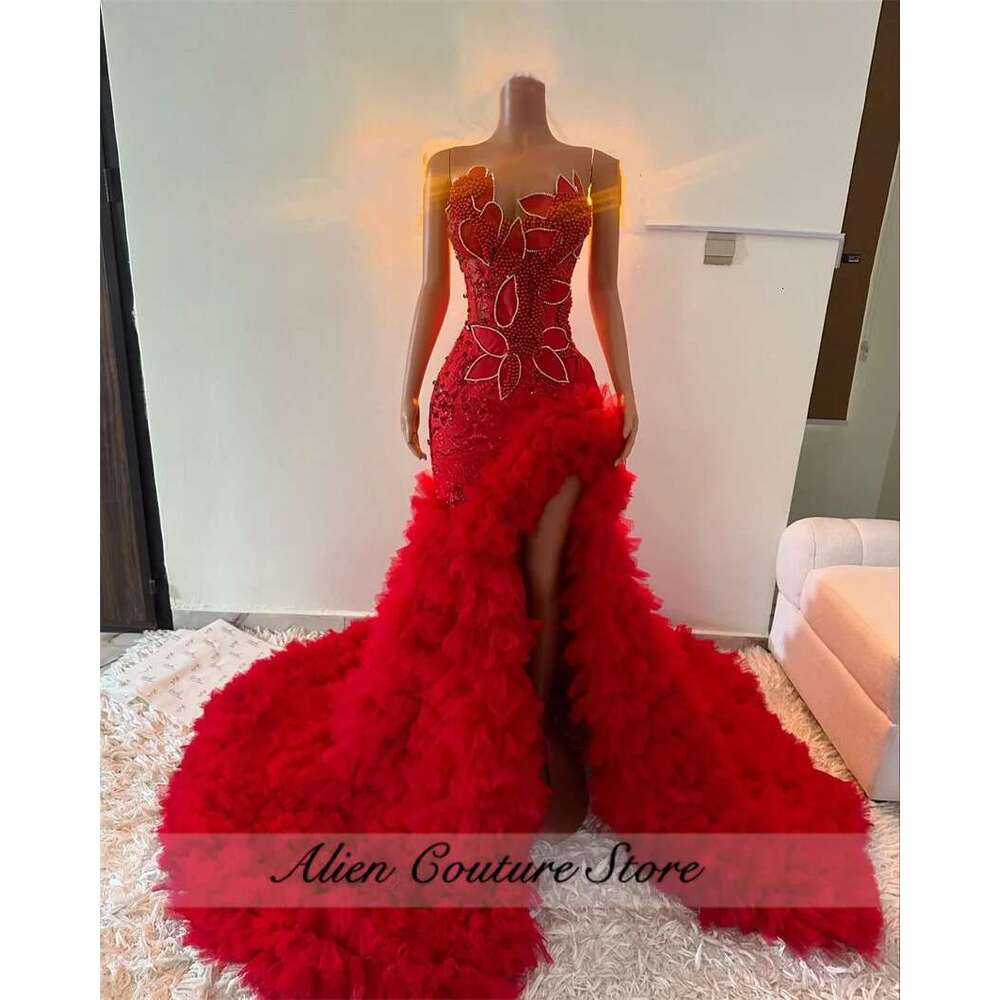 Red Mermaid Prom Dresses Party Vestidos Sweetheart Sparkly Crystal Dias Ruffles Tiered Evening Gown Customized Dr0318