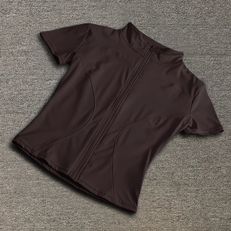 Summer highquality waist weight loss training top for women quick drying tight fitting stand up collar full zipper short sleeved yoga shirt 250314