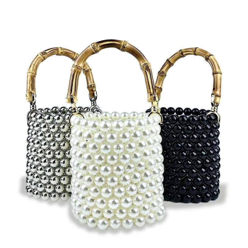 2024 New Mini Hand Beading Acrylic Pearl Handabg Fashion Bamboo Handle Women's Cydrical Shape Drawstring Evening Clutches Bag