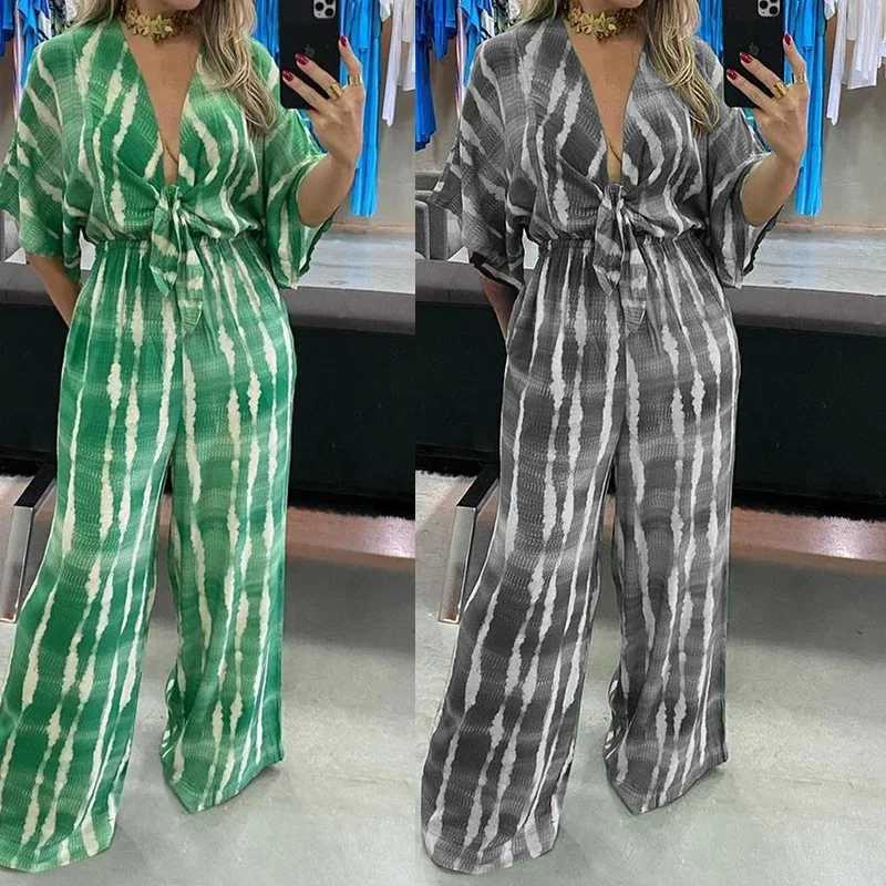 Fashon V-neck Bandhnu Womens Wide Leg jumpsuit 2025 Summer Shoulder High Waist Elegant Lace Up jumpsuit S-3XL X250318