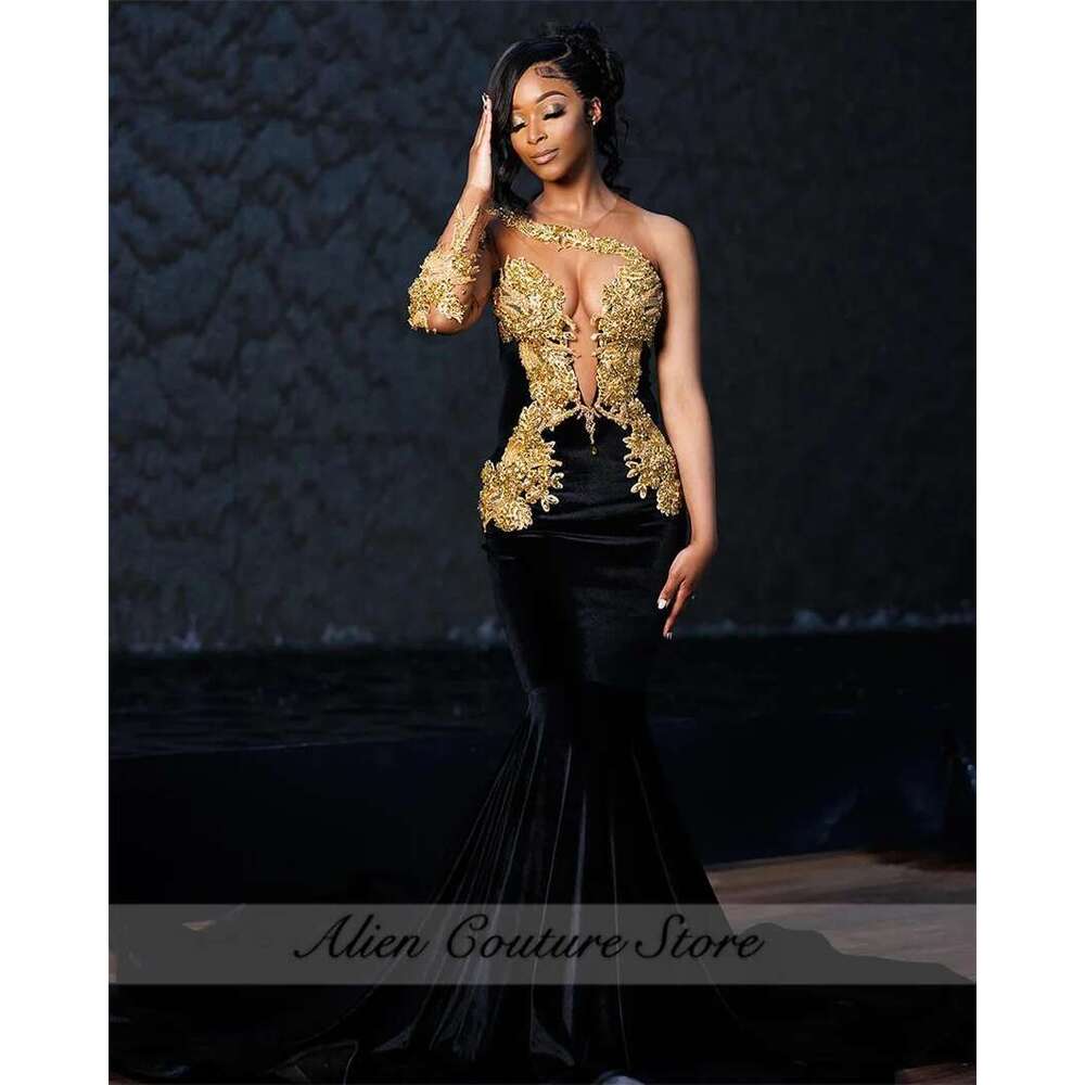 Black Velour Mermaid Prom One Shoulder Beading Gold Crystal Rhie Birthday Dress Women Evening Gown Customized Dr0318