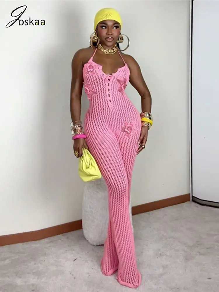 Joskaa Knitted Strap Lace Backless jumpsuit Womens floral decal sleeveless tight jumpsuit 2025 Summer Vacation Beach Wear X250318