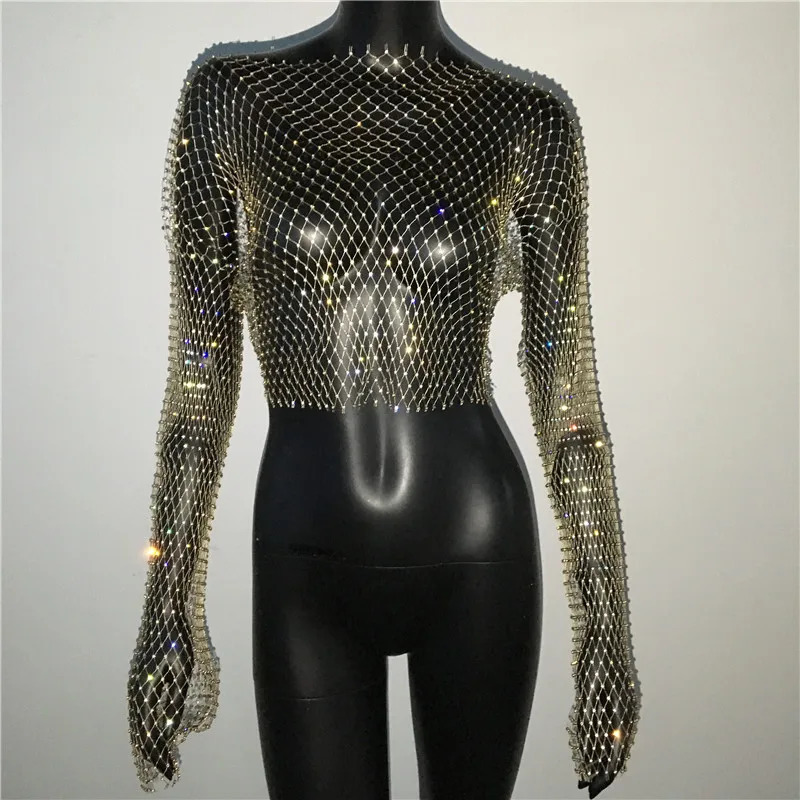 Women Sexy Mesh See Through T Shirt Shiny Rhinestone Fishnet Hollow Out Crop Top Long Sleeve Beach Cover Up Party Club Tank Tops 250318