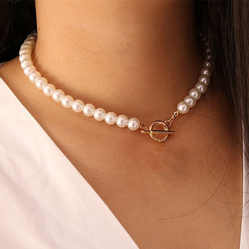 OT Buckle Imitation Pearl Necklace Women Europe And America Gothic Style All Collared Chain Collarbone Chain Foreign Trade Jewelry