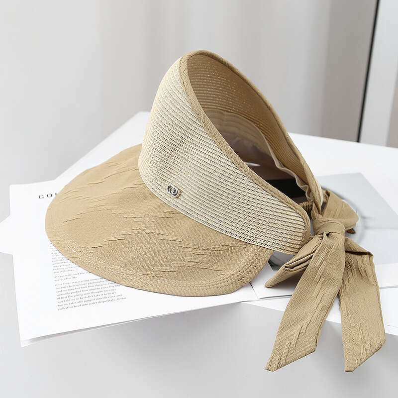 Korean summer outdoor grass woven sunshade empty top hat for women cycg and traveg, UV resistant binding style, large eave foldable