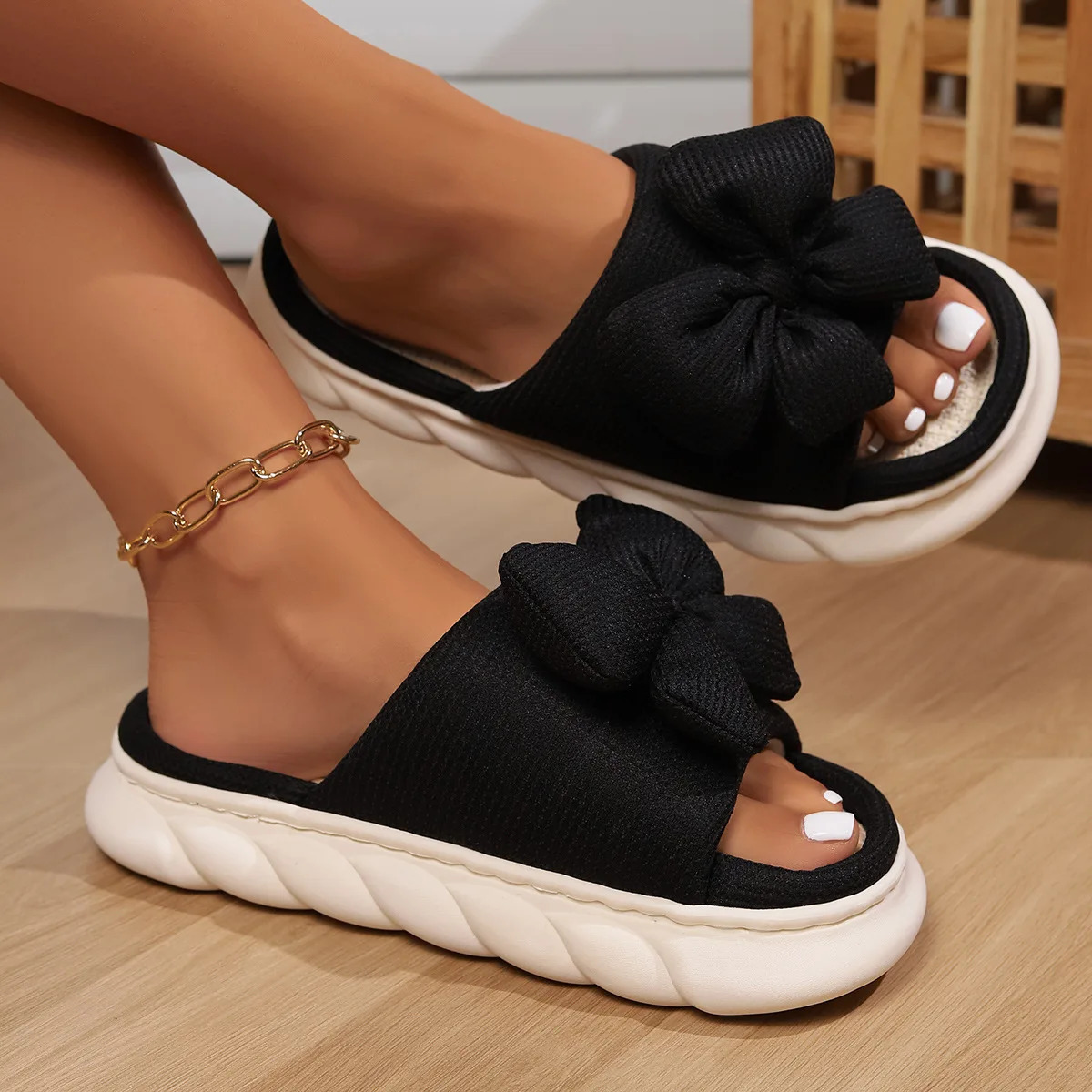 Fashion Bowknot Linen Home Slippers Women Thick Sole Non Slip House Cotton Shoes Woman Flat Heels Platform Indoor Slippers 250318