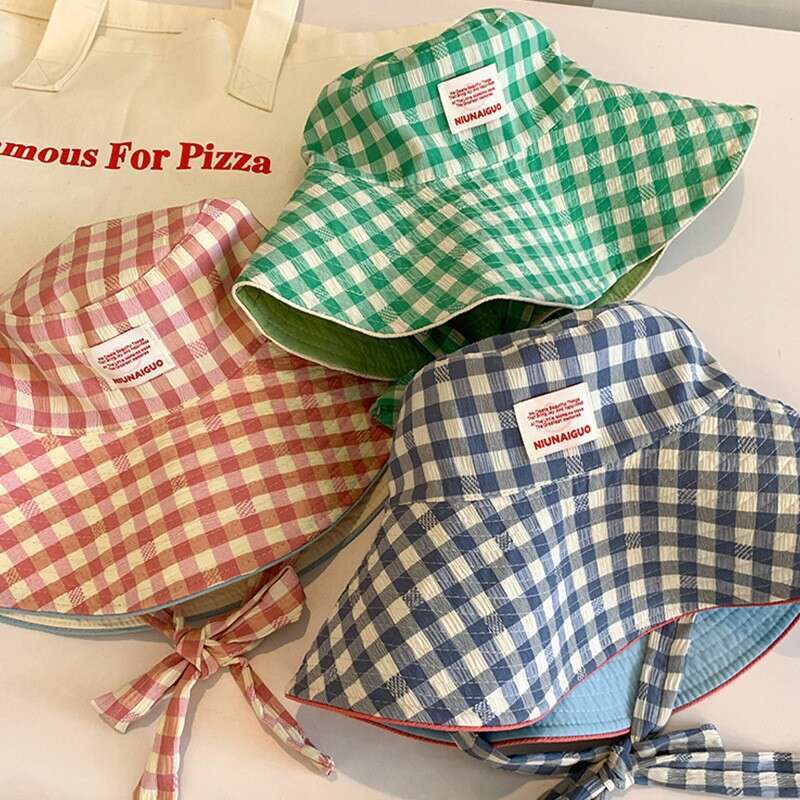 Double sided plaid fisherman for women in summer, thin design, UV resistant, foldable large brim, shading and sun protection hat
