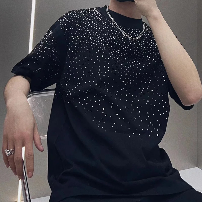 Summer Short Sleeved T-shirt Mens T-shirt Loose Round Neck Fashionable Trendy Diamond Half Sleeved Clothes 250317