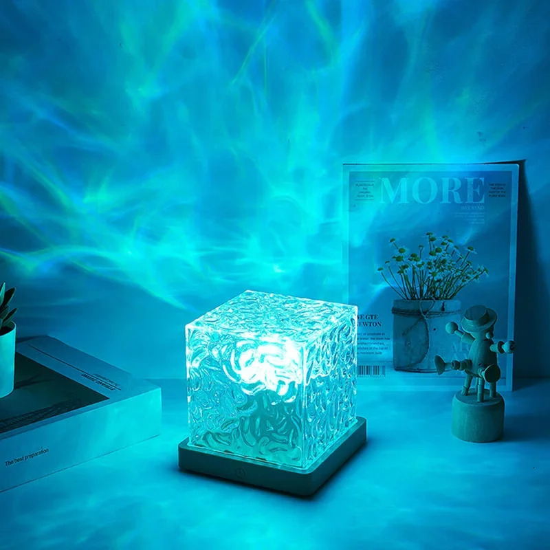 LED Rotating Water Wave Night Light RGB Color Change Display Cube Crystal Desk Lamp Used for Home Bedroom Childrens Party Decoration 250318