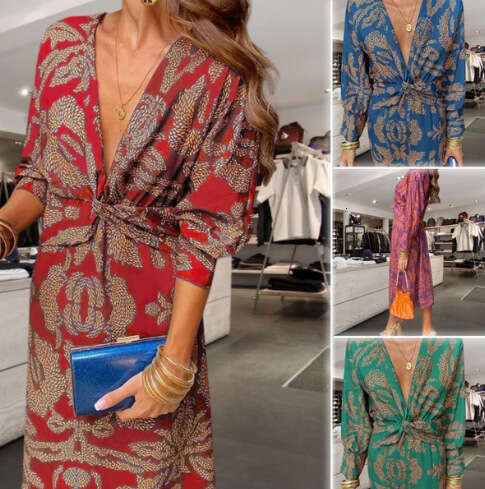 Autumn Printed V-neck Medium length Dress for Women 2025 New Casual Fashion Trendy Clothing