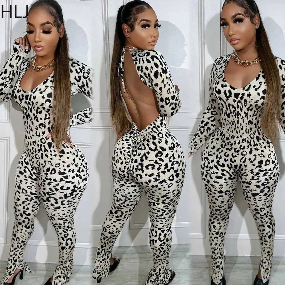 HLJ sexy backless lace Up Leopard Bodycon jumpsuit womens O-neck long Sleve leggings one-piece Playsuits fashion set X250318